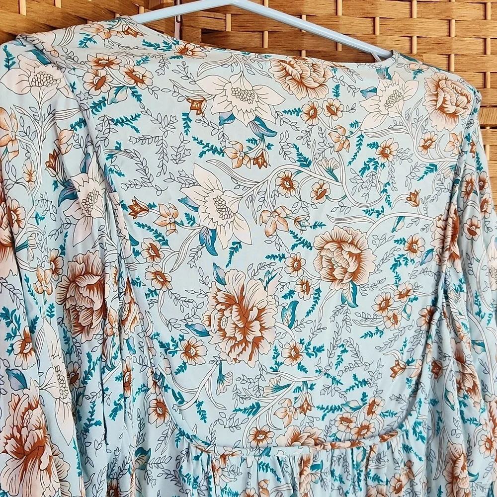 Temofon, Bohemian Teal, Blue, Brown, Floral Fall, Spring Longsleeve Dress Sz XL - Picture 8 of 10
